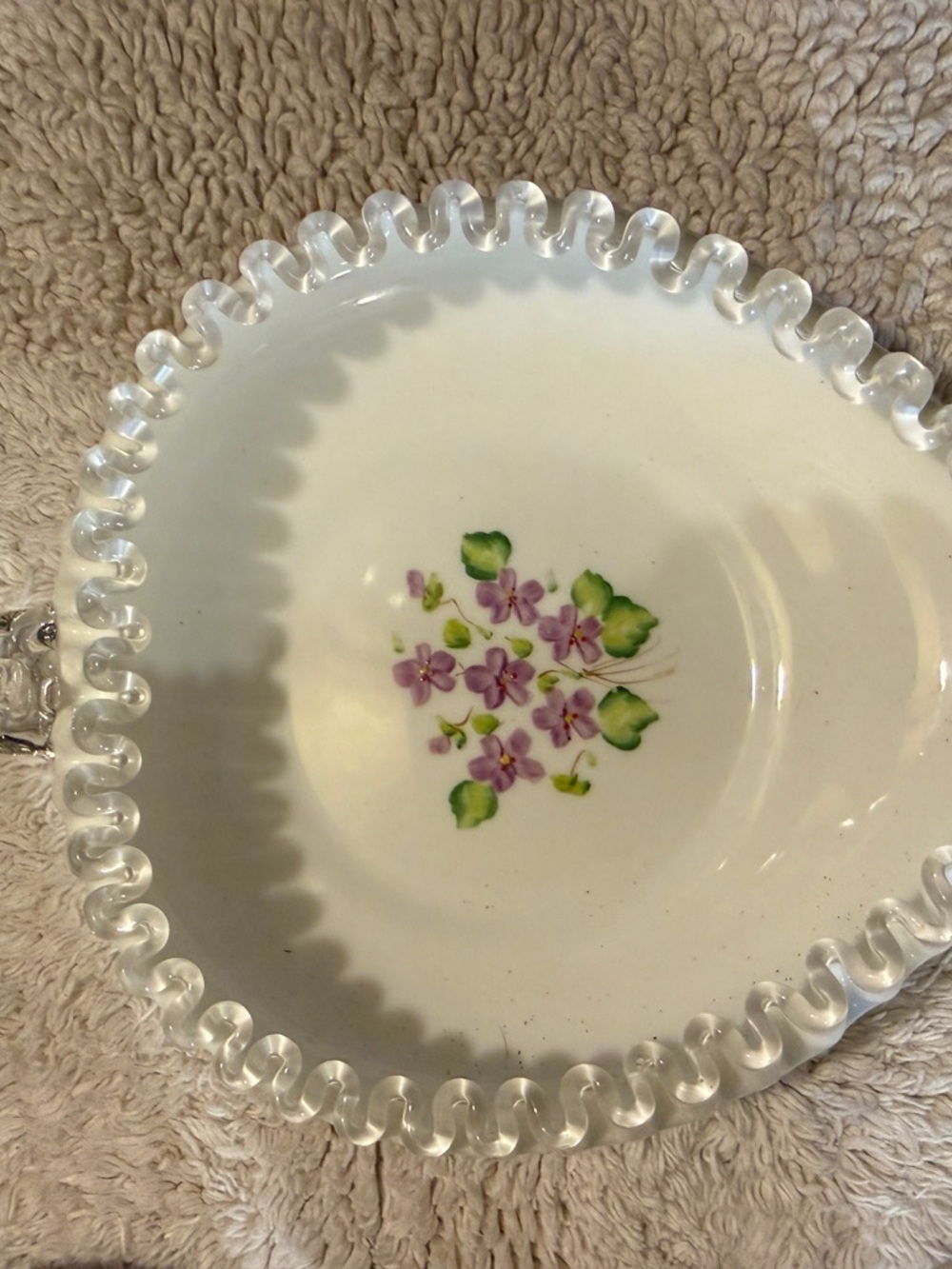 Fenton Ruffled Milk Glass Serving Bowl with Hand-Painted Purple Flowers